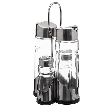 Juego de botellas para aceite y vinagre de 0,17 l, salero y pimentero con soporte