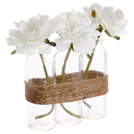 Arreglo 3 rosas con tubos cristal blanco, 23 cm de alto
