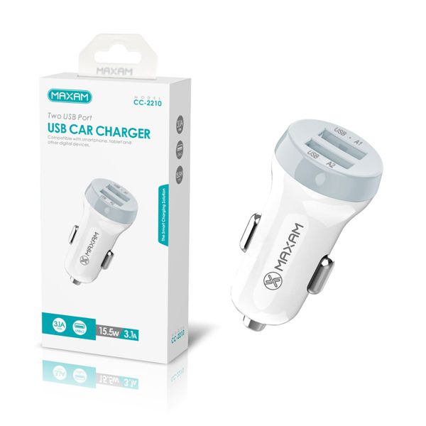 CC-2210 blanco y gris, cargador de coche de doble puerto de 3,1A
