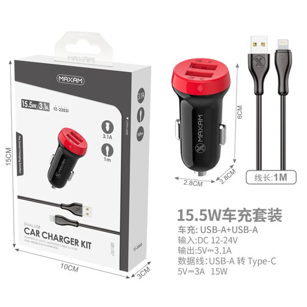 Tz-2203i negro y rojo 2usb/3.1a 1m ip usb cable cargador de coche