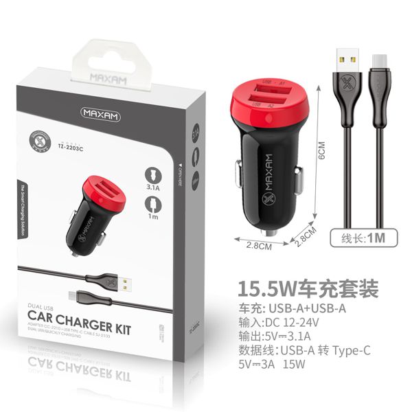 TZ-2203C Negro y Rojo 2USB/3.1A 1M Cable Tipo-C CARGADOR DE COCHE