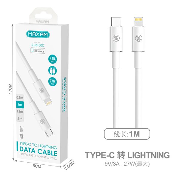SJ-3100C Cable blanco Tipo-C a iluminación TPE+ABS 27W 1M
