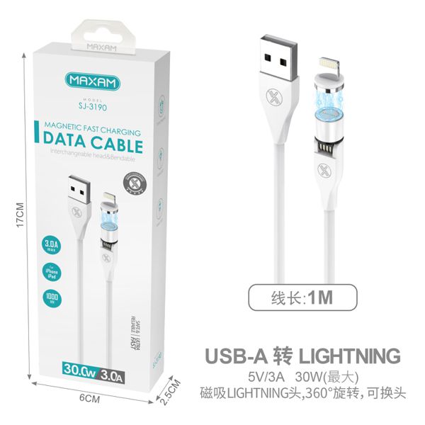 SJ-3190 Cable de datos Lightning blanco 3A/1M de carga rápida magnética