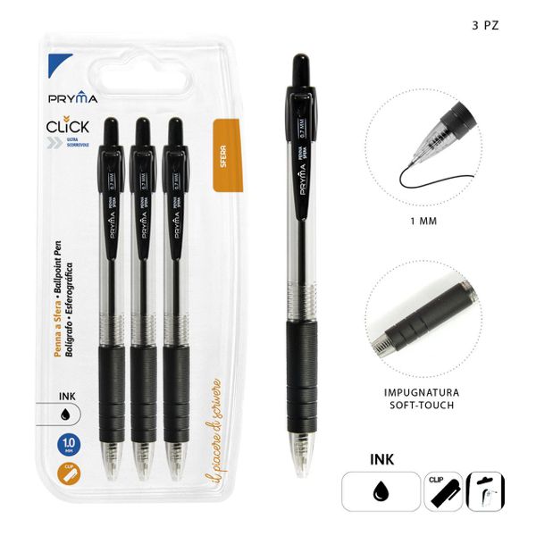 Bolígrafo de clic 1mm 3pz negro