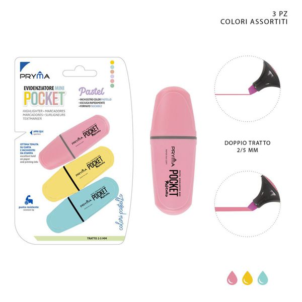 Mini pocket subrayador cabeza plana 2/5mm 3pz colo