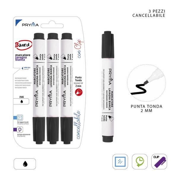 Marcador redondo para pizarra blanca 2mm 3pz negro