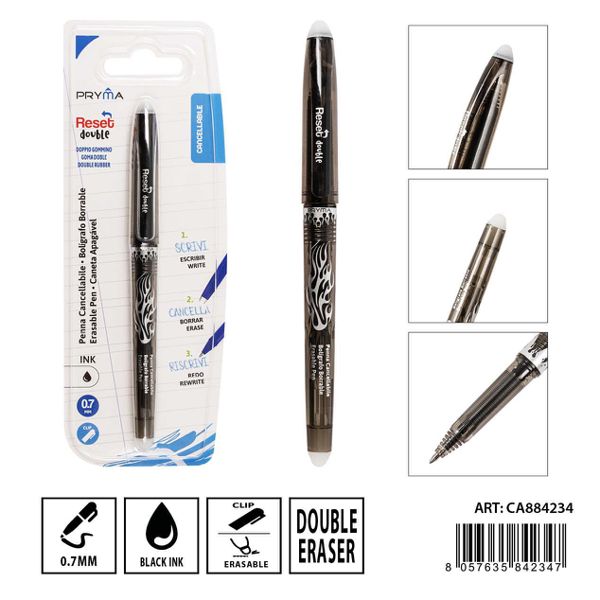 Bolígrafo borrable de goma doble reset 0.7mm negro