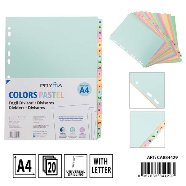 Separadores indice pastel con letras 20 div