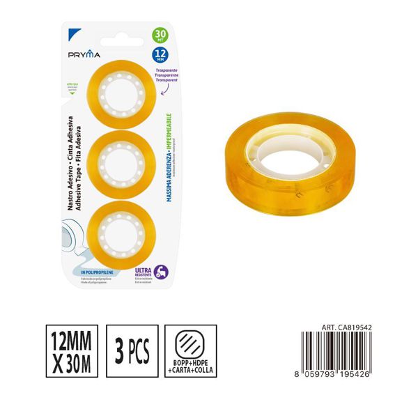 Cinta adhesiva transparente 12mmx30m 3pz