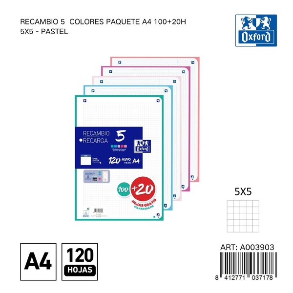 Recambio 100+20h paq a4 5x5 5 color band