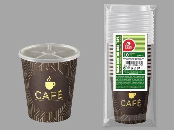 S/10 vaso cartón café + tapa 200 cc