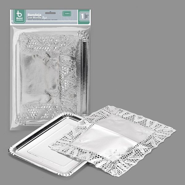Bandeja rectangular + blonda plata 22 x 28 cm