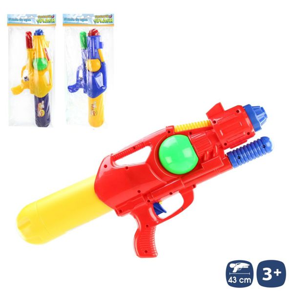 Pistola de agua con cebador 3/c 43 cm bolsa con pestaña.