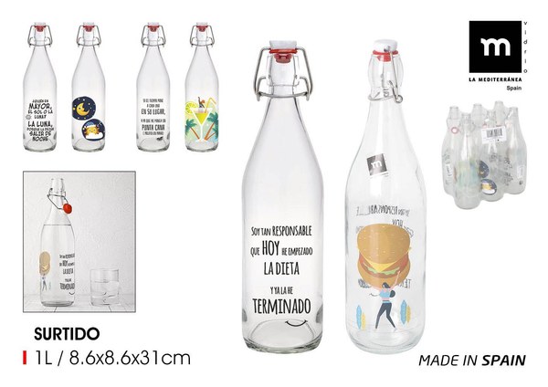 Botella vidrio 1l c/tapon hermet chistes "mecano"