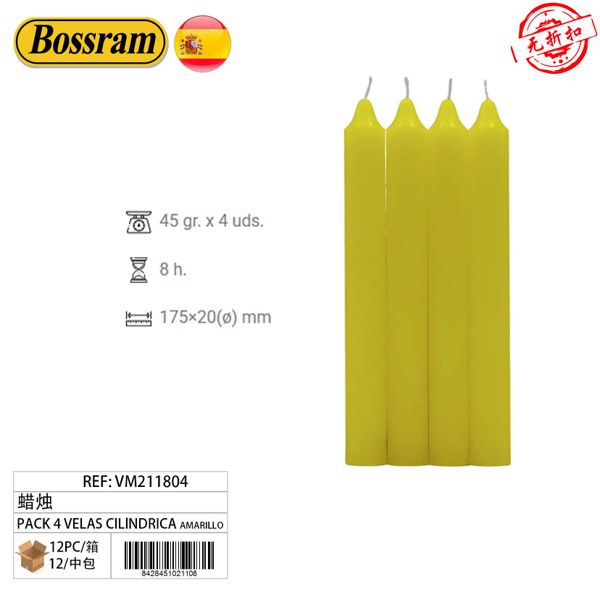 Pack 4 Velas Cilíndrica, Amarillo
