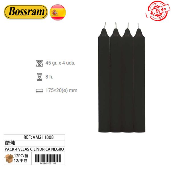 Pack 4 Velas Cilíndrica, Negro