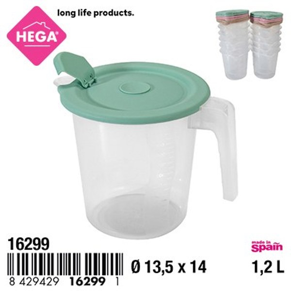 Jarra habana redonda graduada con tapa 1,2 l.
