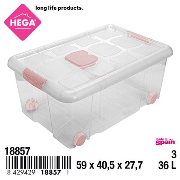 Caja n°3 new box con cierres antipolilla y ruedas 36 l transparente acc rosa