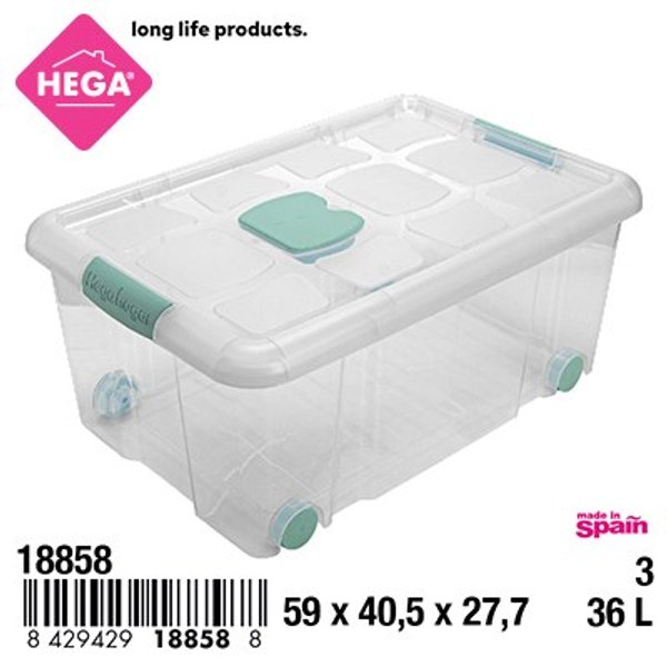 Caja n°3 new box con cierres antipolilla y ruedas 36 l. transparente acc verde