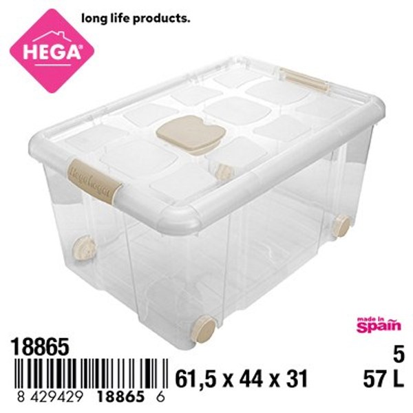 Caja n°5 new box con cierres antipolilla y ruedas 57 l. transparente acc beige