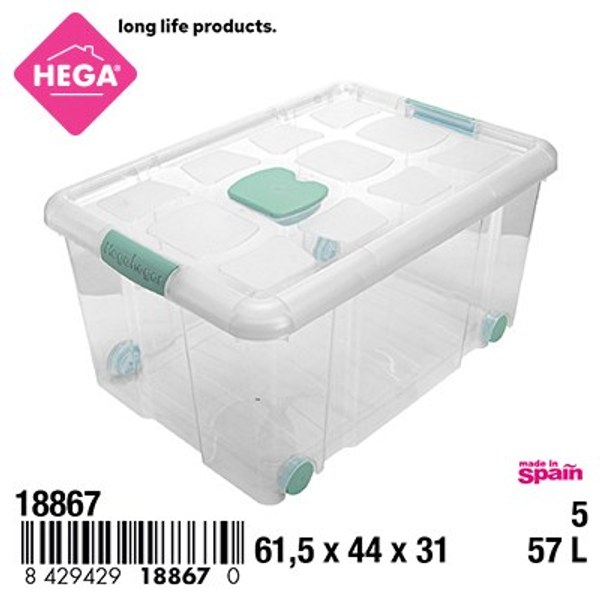 Caja n°5 new box con cierres antipolillay ruedas 57 l. transparente acc verde