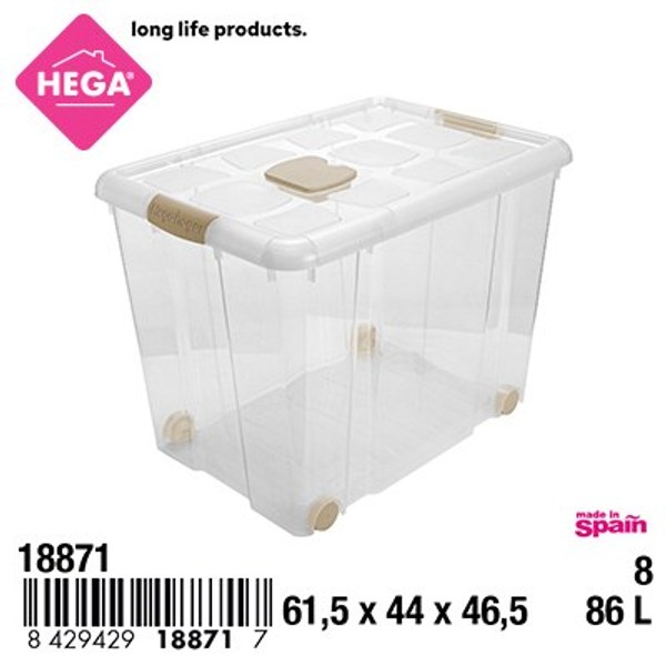Caja n°8 new box con cierres antipolilla y ruedas 86 l transparente acc beige