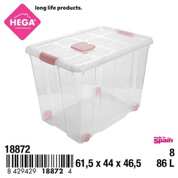 Caja n°8 new box con cierres antipolilla y ruedas 86 l. transparente acc rosa