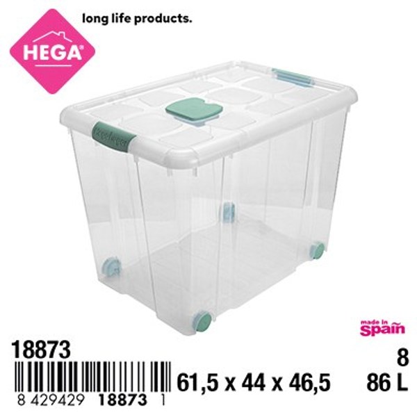 Caja n°8 new box con cierres antipolilla y ruedas 86 l. transparente acc verde