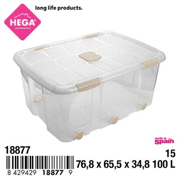 Caja n°15 new box con cierres antipolilla y ruedas 100 l. transparente acc beig