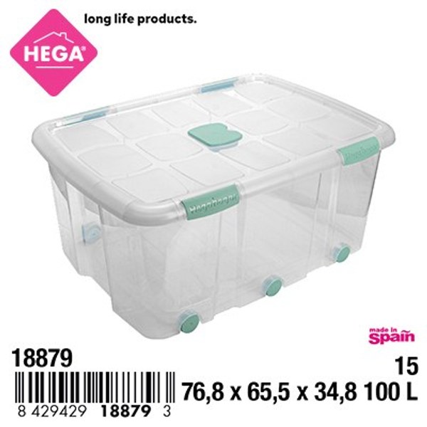 Caja n°15 new box con cierres antipolilla y ruedas 100 l. transparente acc verde