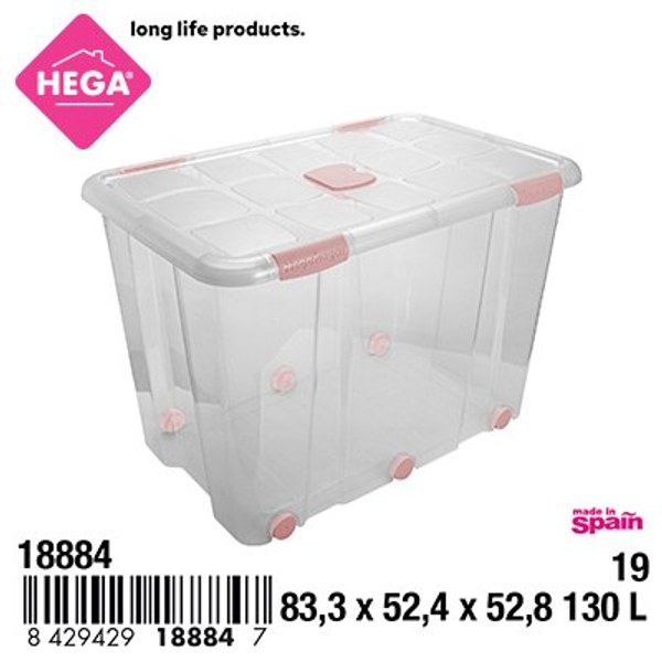 Caja nº19 new box con cierres antipolilla y ruedas 160 l. transparente acc rosa