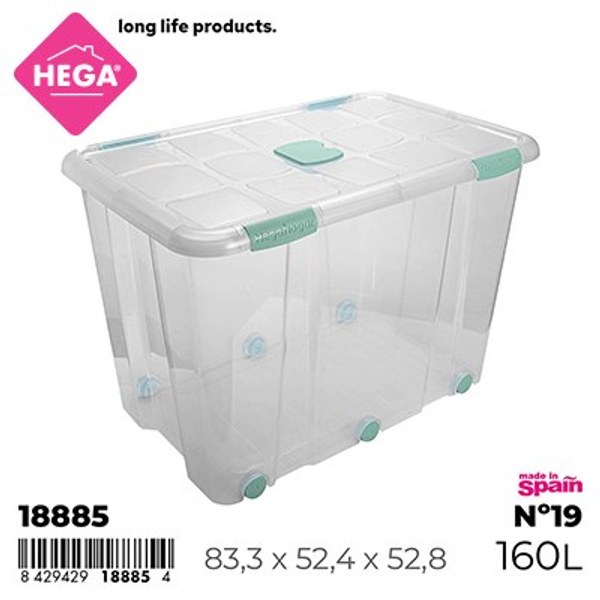 Caja nº19 new box con cierres antipolilla y ruedas 160 l. transparente acc verde