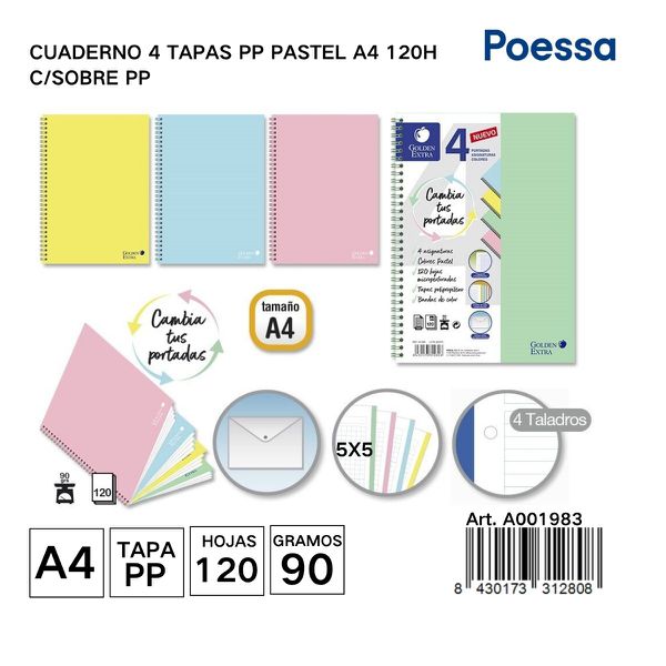 Cuaderno 4 tapas pp pastel a4 120 h. c/ sobre pp