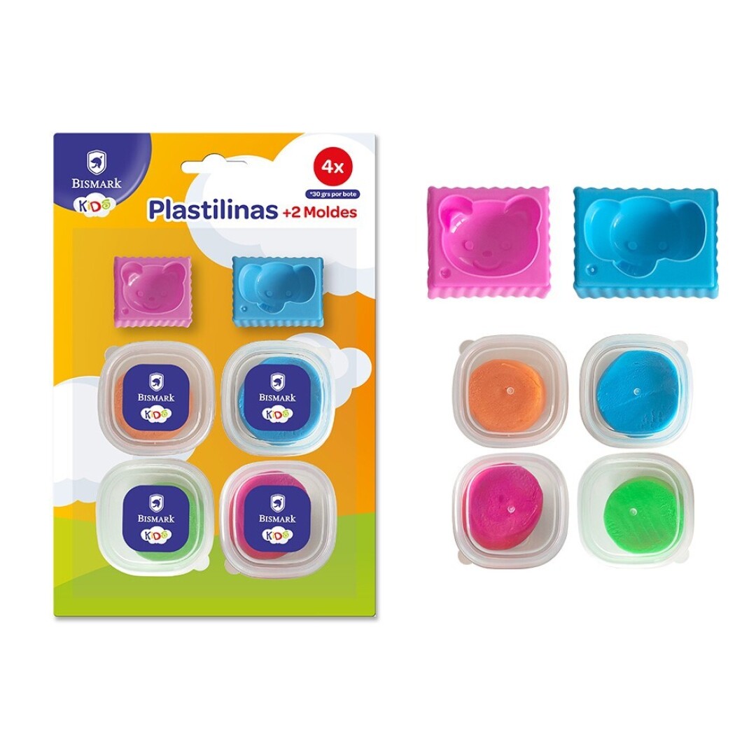 Plastilina blister 4 botes 30 grs + 2 moldes