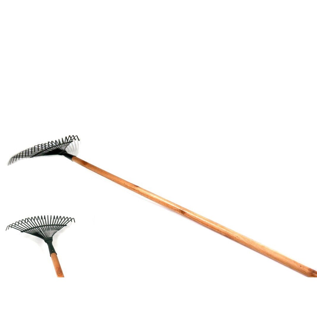 Rastrillo jardin c/palo madera 150x36 cm