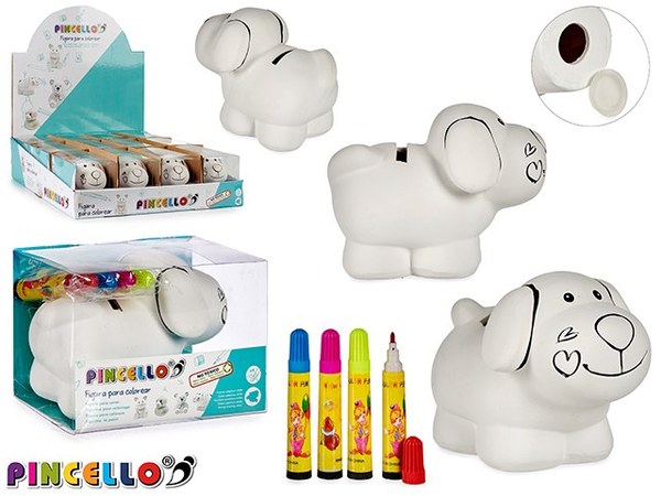 Hucha perrito ceramica con 4 rotuladores