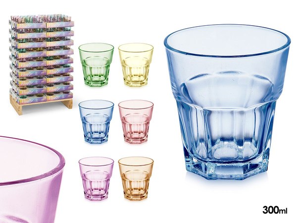 Vaso vidrio 300 ml surt 6 colores display
