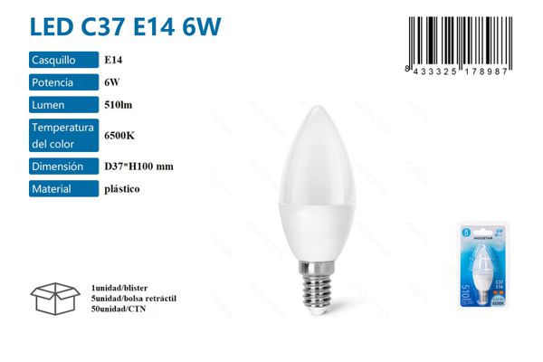 Bombilla LED C37-E14-6W-6500K-510lm