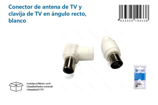 Conector de antena de TV y clavija de TV en ángulo recto, blanco
