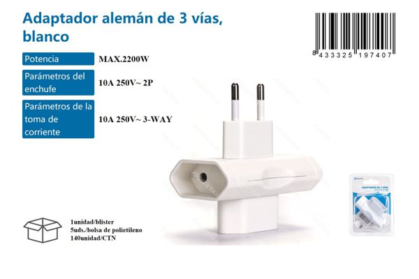 Adaptador de 1 a 3(MAX.2200W,10A 250V~ 2P)