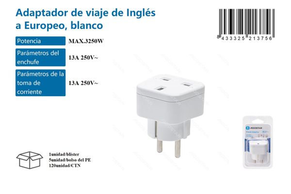 Adaptador de viaje de Inglés a Europeo, blanco