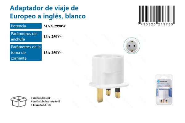 Adaptador de viaje de Europeo a inglés, blanco