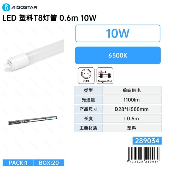 Tubo de plásctico LED 0,6m 10W