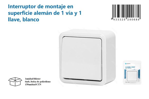 Interruptor de montaje en superficie alemán de 1 vía y 1 llave, blanco