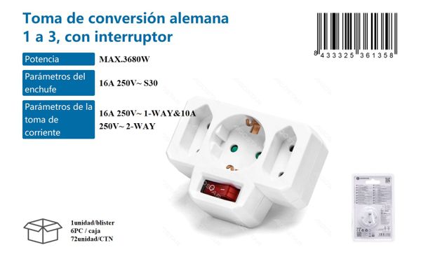 Enchufe de conversión alemán, uno a tres, 16A+2*10A, con interruptor, Blanco
