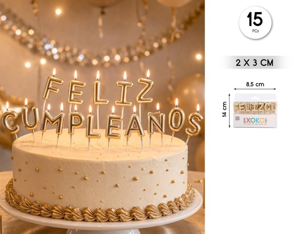 Velas letras feliz cumple oro