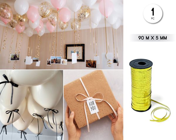 Cinta decorativa globos 90m*5mm holo oro