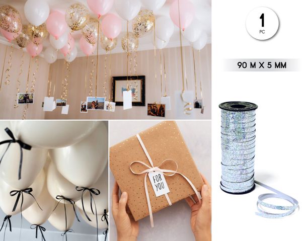 Cinta decorativa globos 90m*5mm holo plata