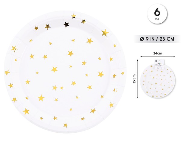 Plato 9"/23cm gold star 6pc