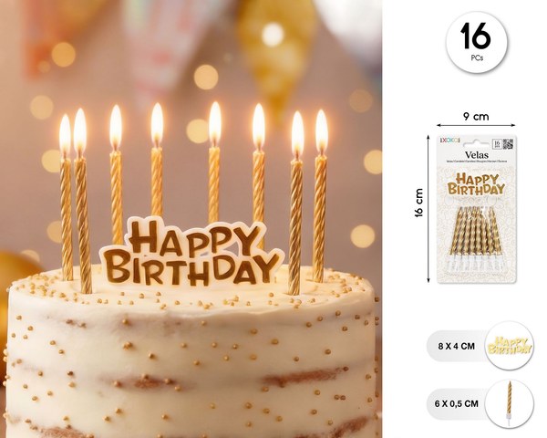 Vela 6cm 16pc con bandera happy bday